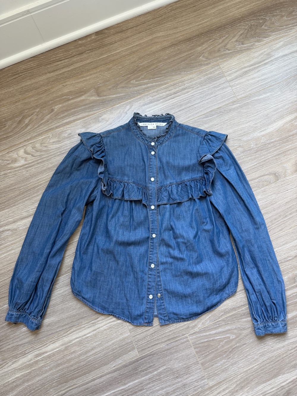 Veronica Beard Tes Denim Ruffle Long Sleeve Top Sz 0 EUC